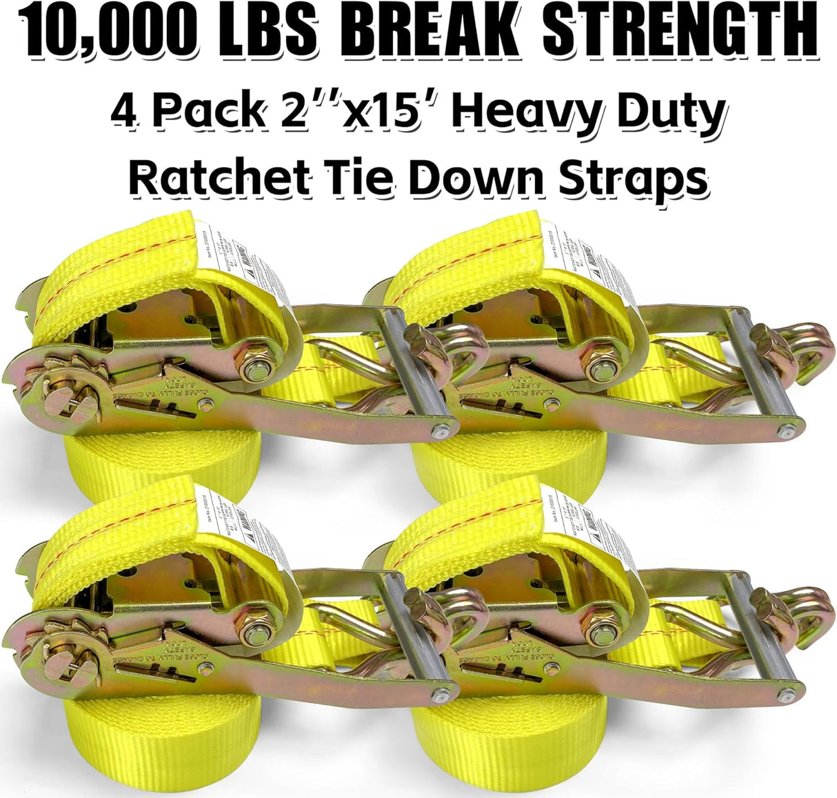 4 Pack 2" x 15' Ratchet Tie Down Straps with J-Hook Ends, 10,000 lb Break Strength | KJE
