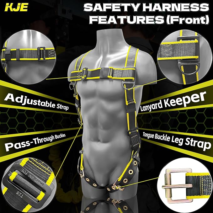 Full Body Safety Harness Fall Protection Kit with 6 ft Shock Absorbing Lanyard & Hook, ANSI/OSHA | KJE