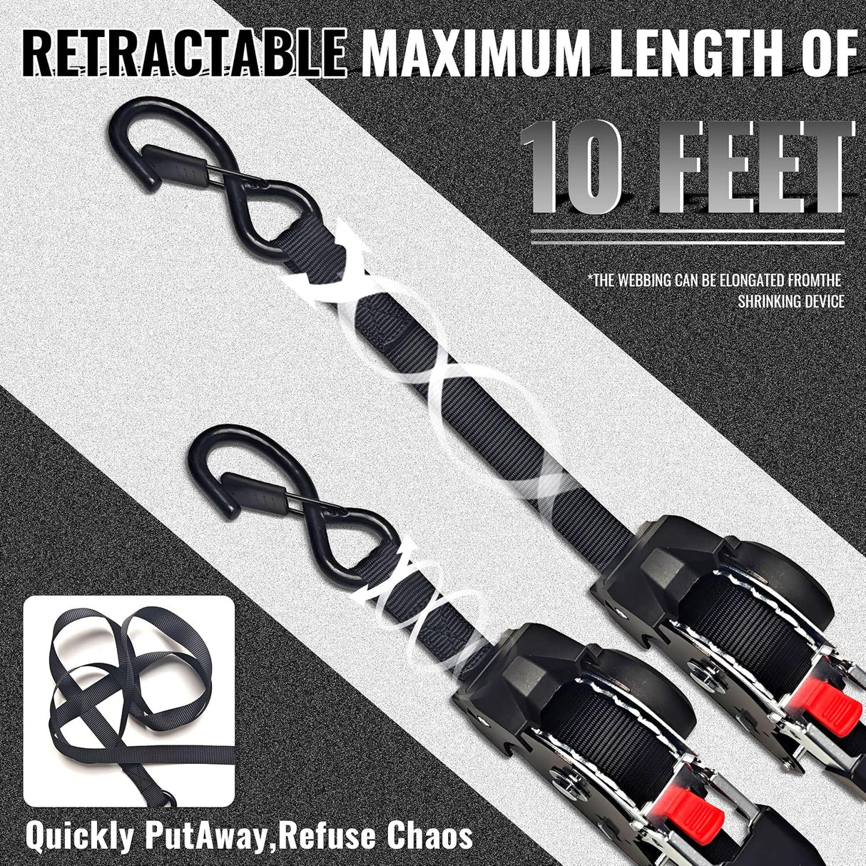 4 Pack 1" x 10' Retractable Ratchet Tie Down Straps with Soft Loops & S-Hooks, 1,650 lb Break Strength | KJE