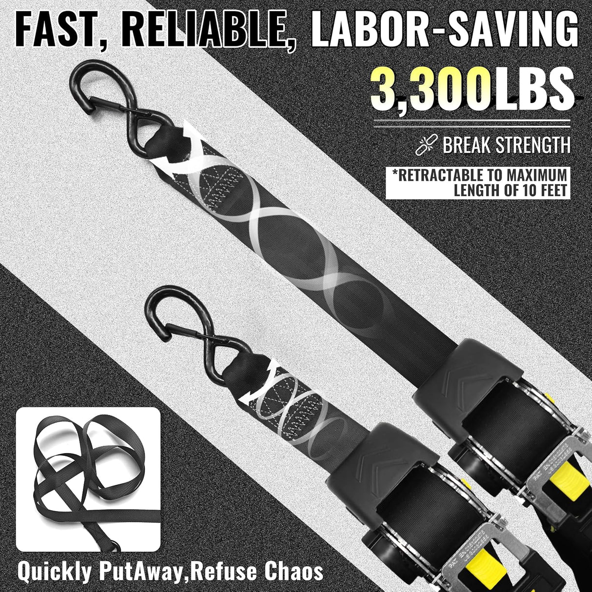2 Pack 2" x 10' Automatic Retractable Ratchet Tie Down Straps with Soft Loops & S-Hooks, 3,300 lb Break Strength | KJE