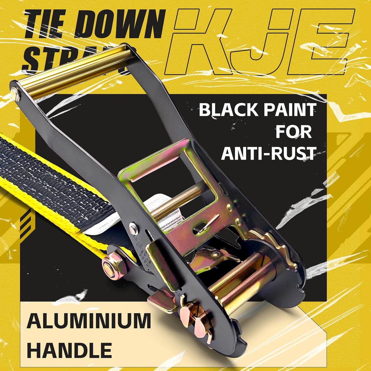 6 Pack 2" x 15' Black Ratchet Tie Down Straps with J-Hook Ends, 5,500 lb Break Strength | KJE