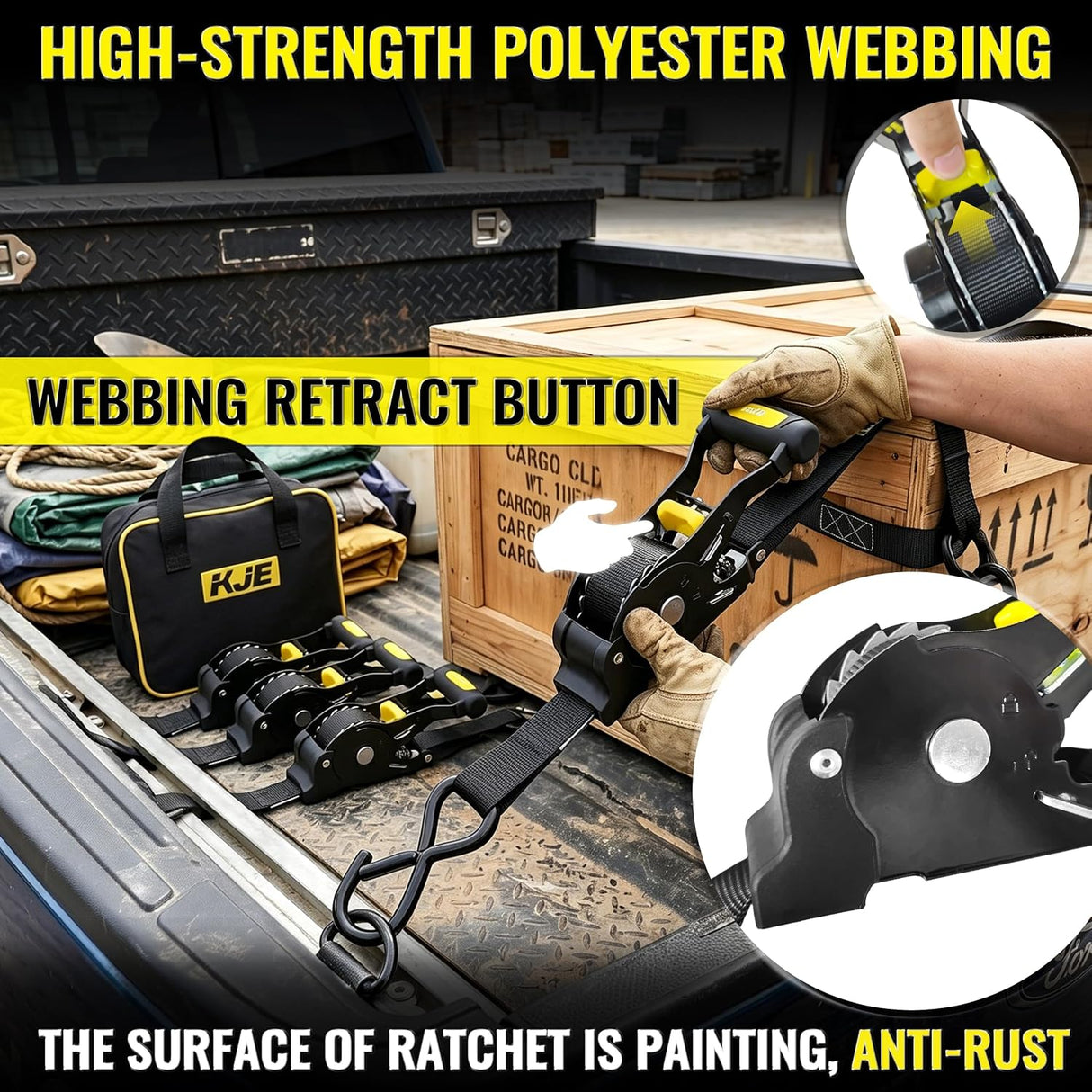 4 Pack 1" x 10' Automatic Retractable Ratchet Tie Down Straps with Soft Loops & S-Hooks, 1,500 lb Break Strength | KJE