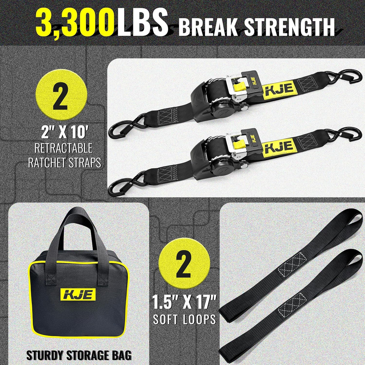 2 Pack 2" x 10' Automatic Retractable Ratchet Tie Down Straps with Soft Loops & S-Hooks, 3,300 lb Break Strength | KJE