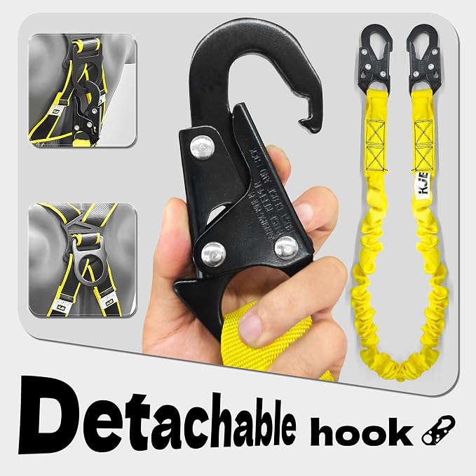Full Body Safety Harness Fall Protection Kit with 6 ft Shock Absorbing Lanyard & Hook, ANSI/OSHA | KJE