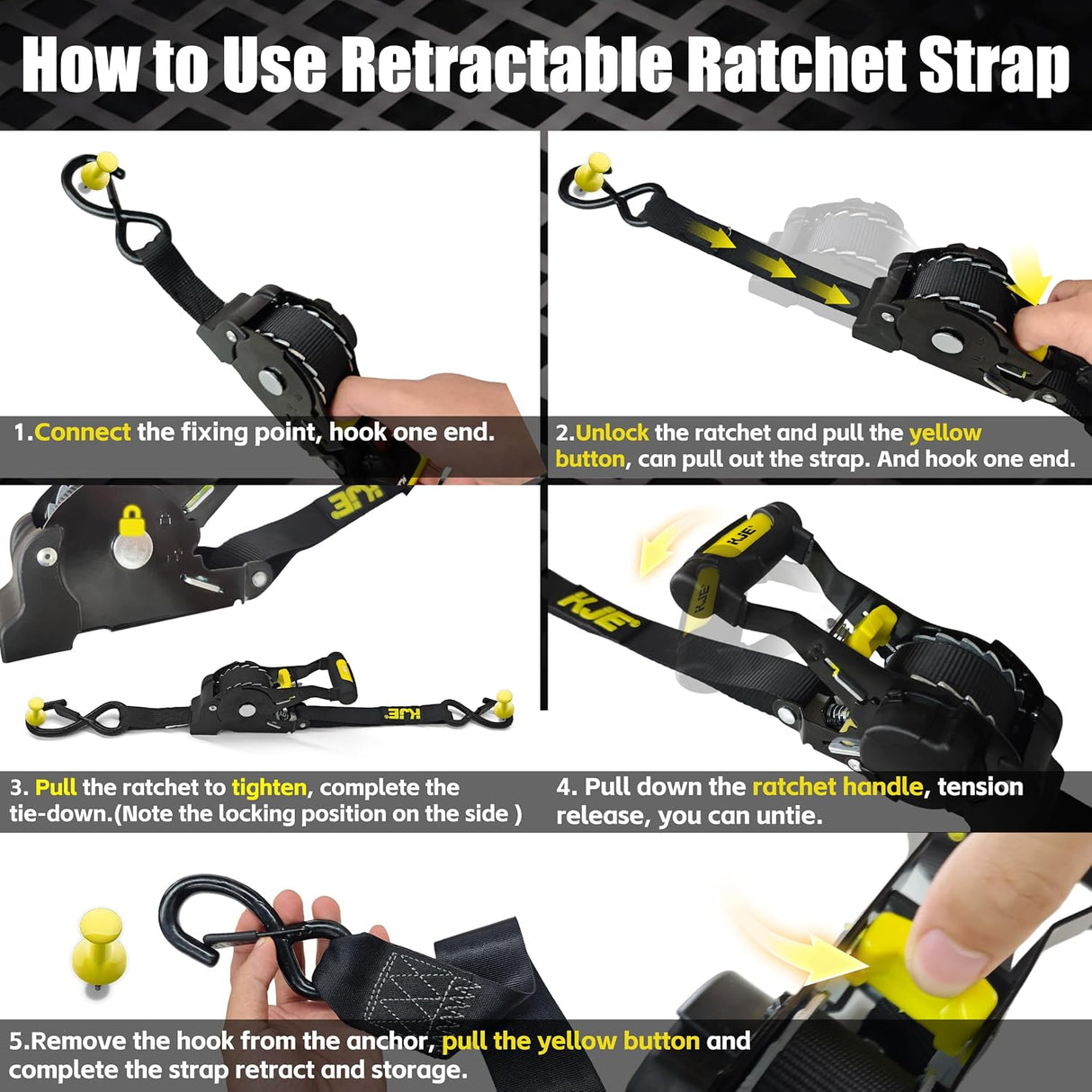 4 Pack 1" x 10' Automatic Retractable Ratchet Tie Down Straps with Soft Loops & S-Hooks, 1,500 lb Break Strength | KJE