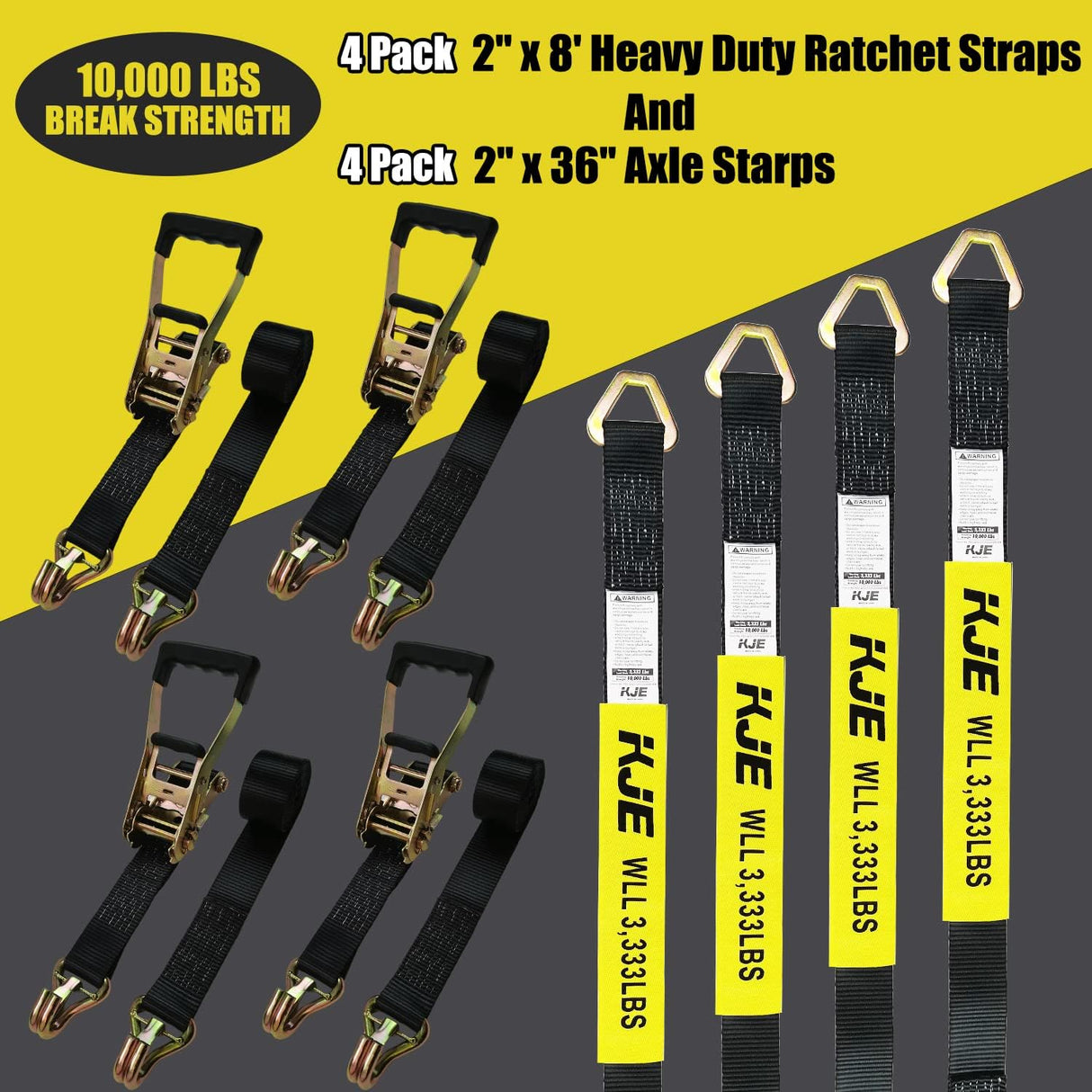4 Pack 2" x 8' Car Trailer Tie Down Kit, 36" Axle Straps with J-Hooks, 10,000 lb Break Strength | KJE