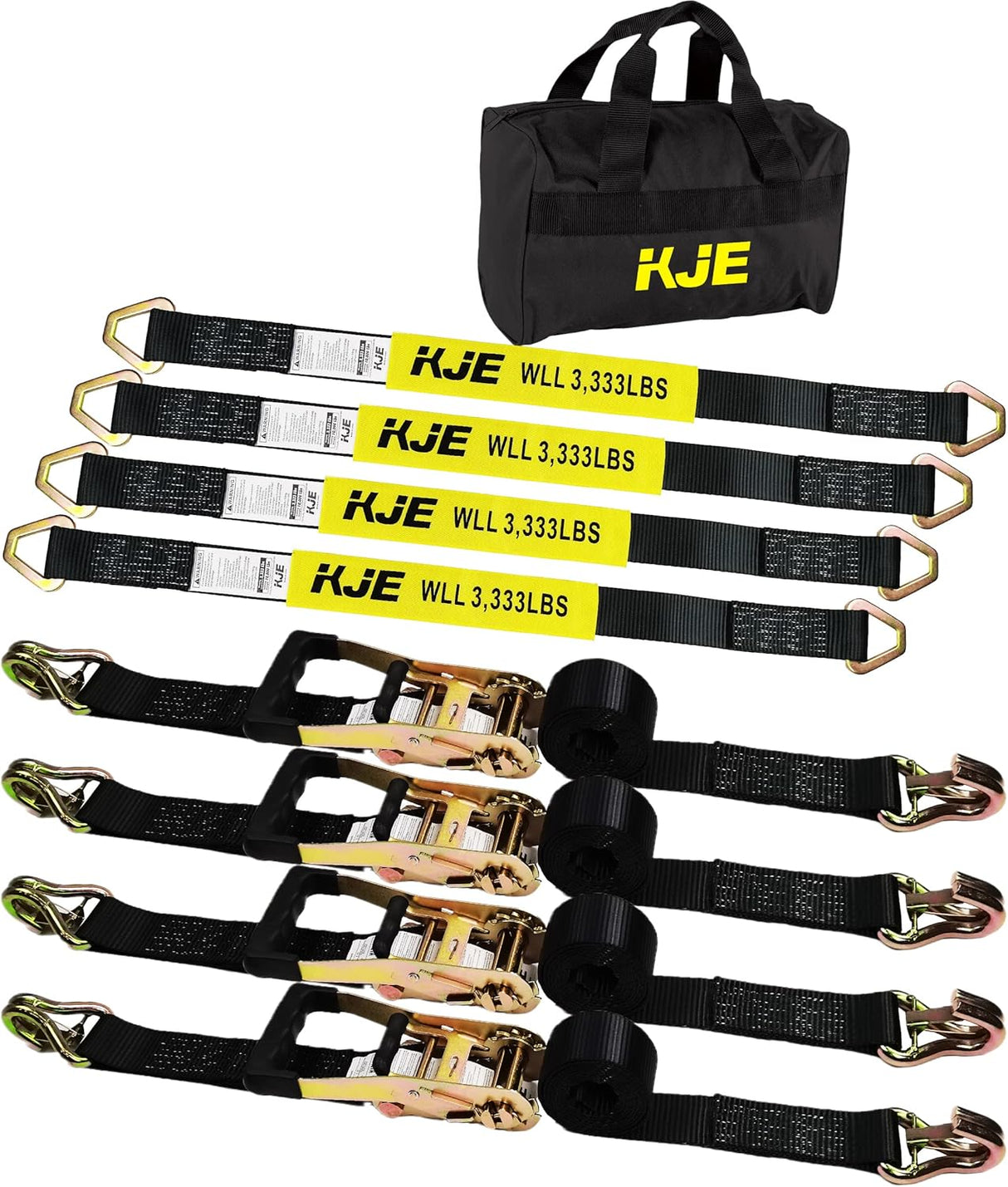 4 Pack 2" x 8' Car Trailer Tie Down Kit, 36" Axle Straps with J-Hooks, 10,000 lb Break Strength | KJE