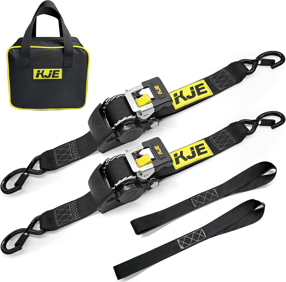 2 Pack 2" x 10' Automatic Retractable Ratchet Tie Down Straps with Soft Loops & S-Hooks, 3,300 lb Break Strength | KJE