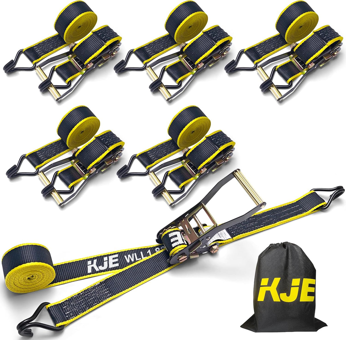 6 Pack 2" x 15' Black Ratchet Tie Down Straps with J-Hook Ends, 5,500 lb Break Strength | KJE