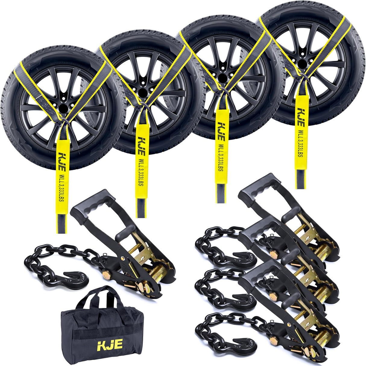 4 Pack 2" x 10' Reflective Wheel Tie Down Straps, Lasso Wheel Straps with Anchor Chain Ends, 10,000 lb Break Strength | KJE