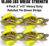 4 Pack 2" x 15' Ratchet Tie Down Straps with J-Hook Ends, 10,000 lb Break Strength | KJE