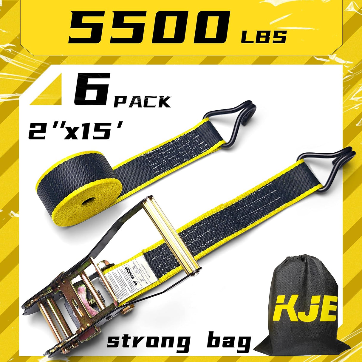 6 Pack 2" x 15' Black Ratchet Tie Down Straps with J-Hook Ends, 5,500 lb Break Strength | KJE