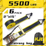 6 Pack 2" x 15' Black Ratchet Tie Down Straps with J-Hook Ends, 5,500 lb Break Strength | KJE