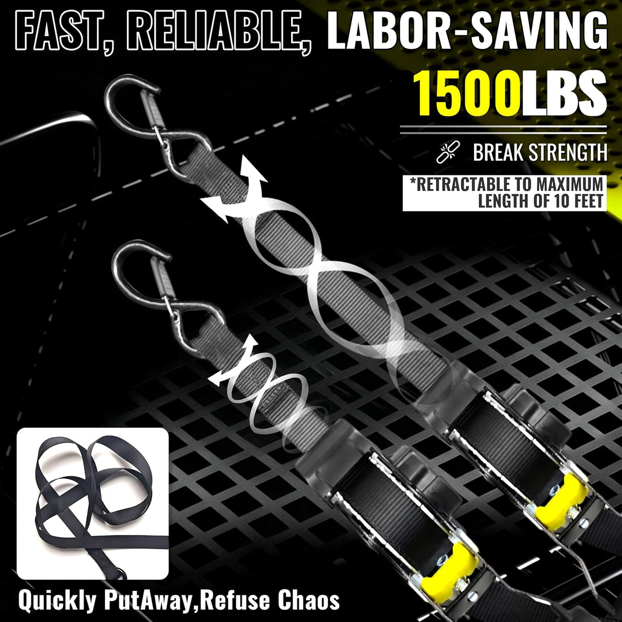4 Pack 1" x 10' Automatic Retractable Ratchet Tie Down Straps with Soft Loops & S-Hooks, 1,500 lb Break Strength | KJE