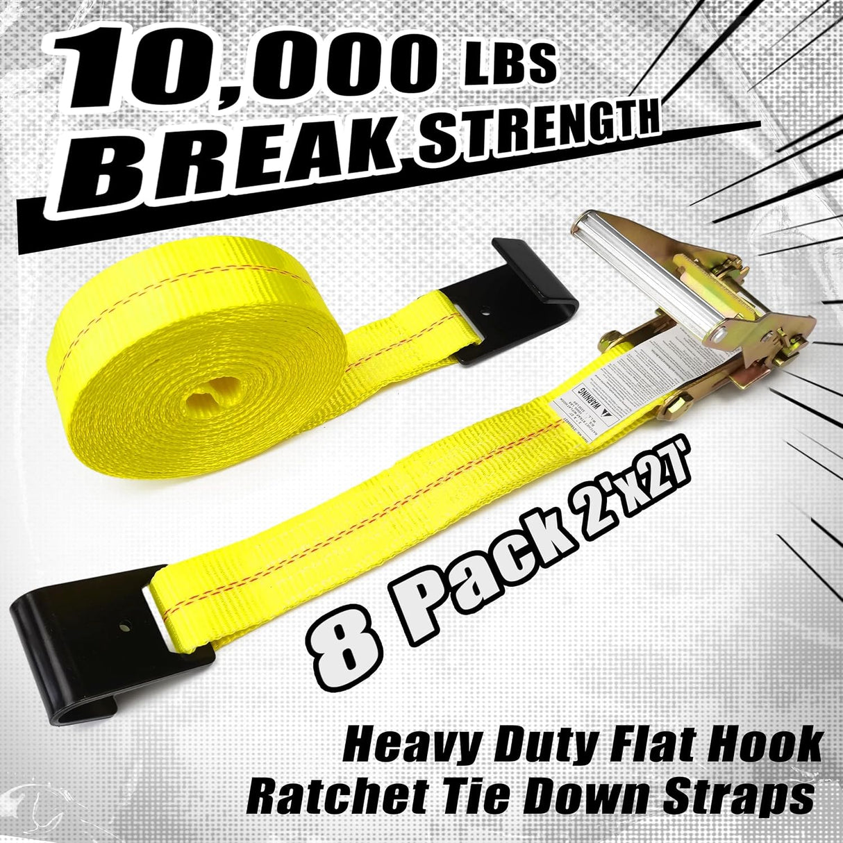 8 Pack 2" x 27' Ratchet Tie Down Straps with Flat Hook Ends, 10,000 lb Break Strength | KJE