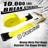 8 Pack 2" x 27' Ratchet Tie Down Straps with Flat Hook Ends, 10,000 lb Break Strength | KJE