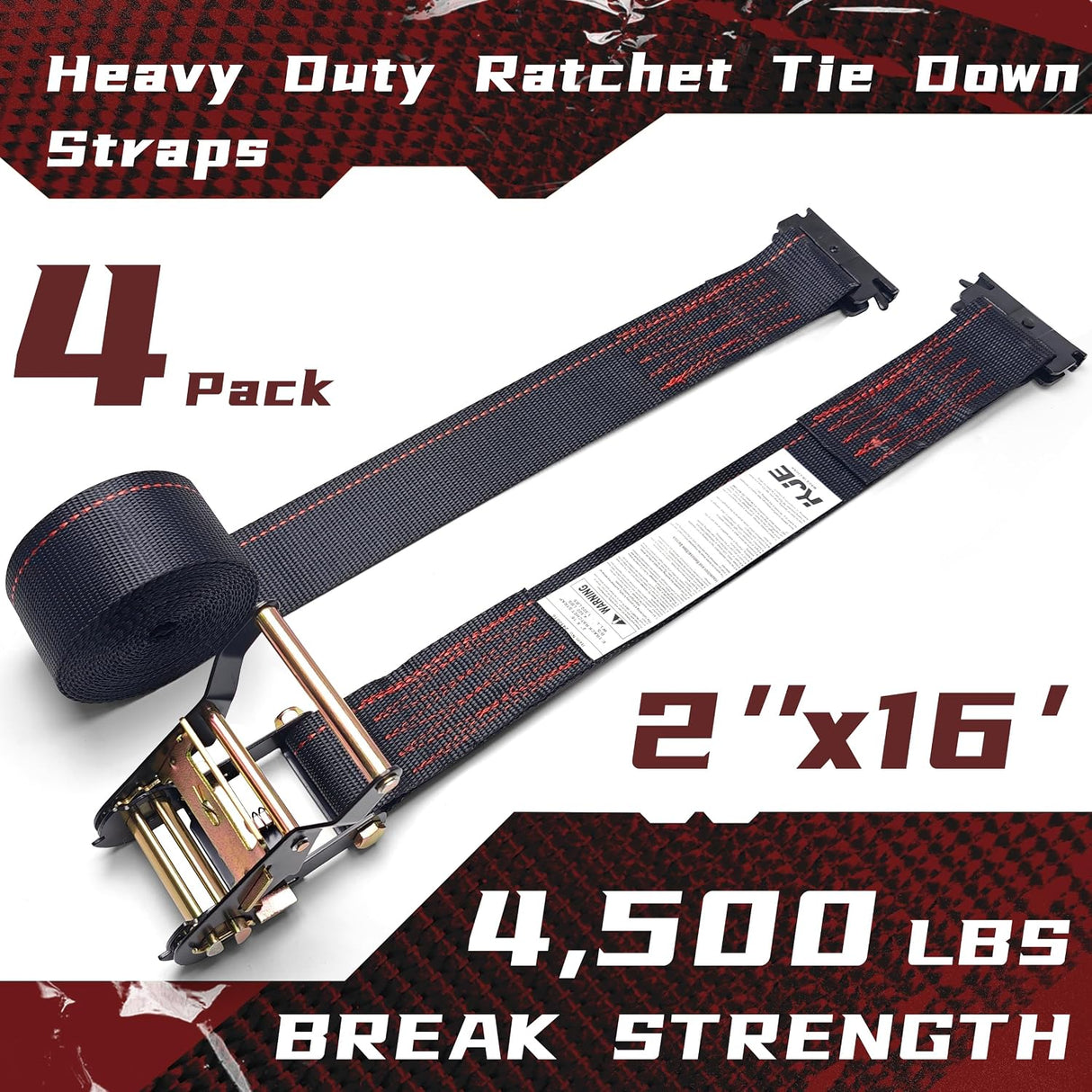 4 Pack 2" x 16' E-Track Ratchet Straps with E-Track Fittings, 4,500 lb Break Strength | KJE
