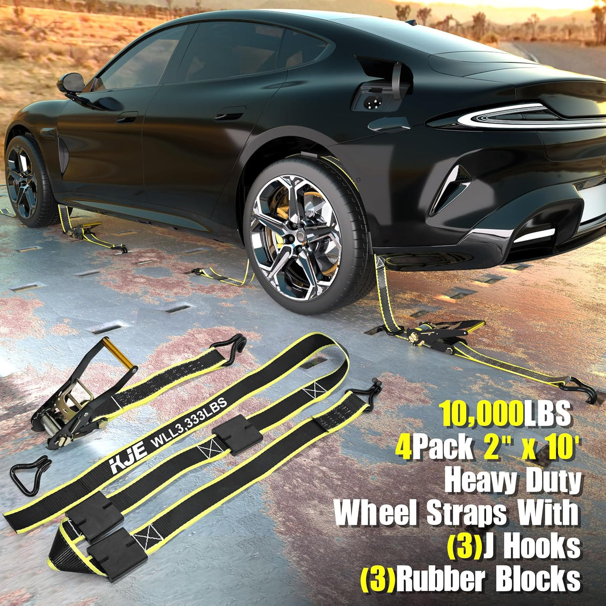 4 Pack 2" x 10' Reflective Wheel Tie Down Straps with 3 J-Hooks & Rubber Blocks, 10,000 lb Break Strength | KJE