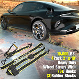 4 Pack 2" x 10' Reflective Wheel Tie Down Straps with 3 J-Hooks & Rubber Blocks, 10,000 lb Break Strength | KJE
