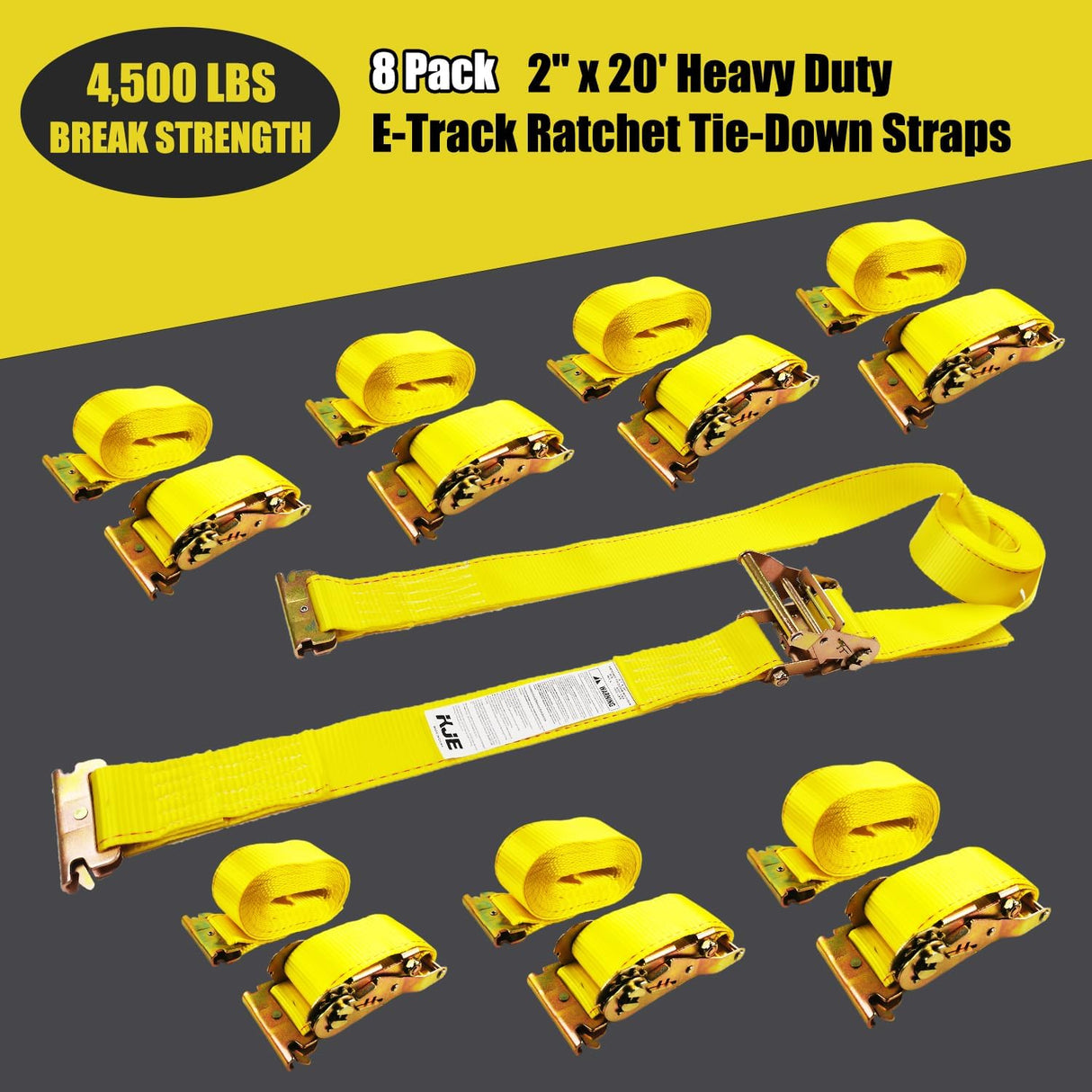 8 Pack 2" x 20' E-Track Ratchet Straps with E-Track Fittings, 4,500 lb Break Strength | KJE