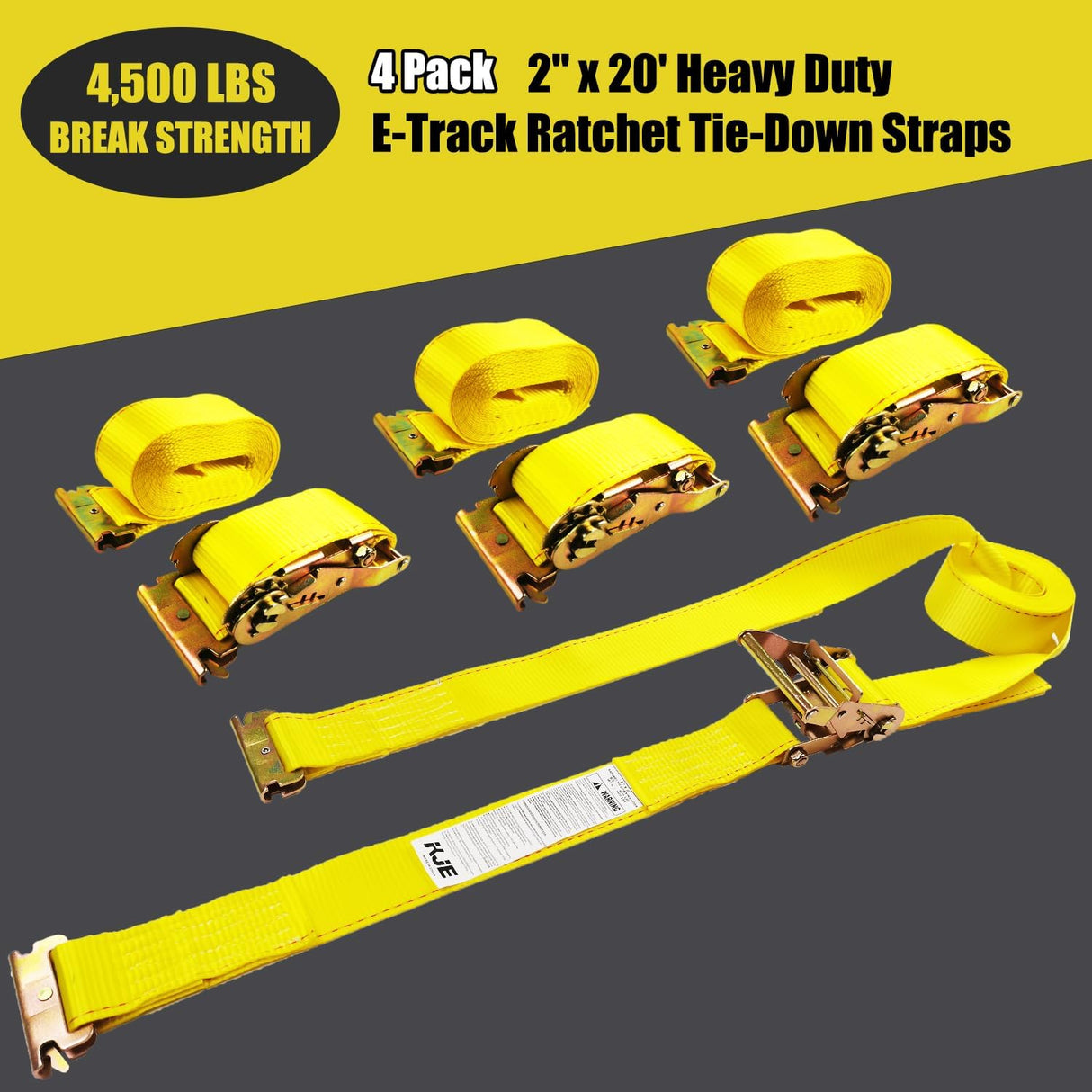 4 Pack 2" x 20' E-Track Ratchet Straps with E-Track Fittings, 4,500 lb Break Strength | KJE