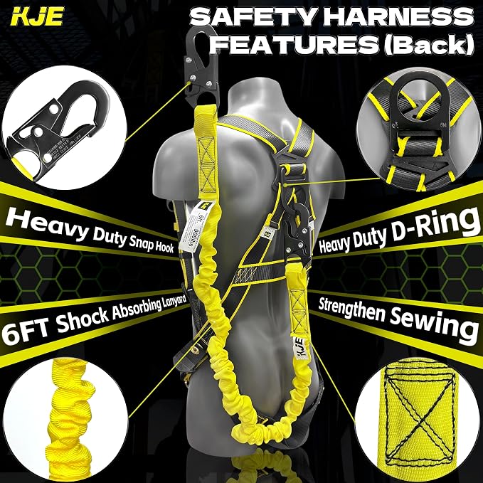 Full Body Safety Harness Fall Protection Kit with 6 ft Shock Absorbing Lanyard & Hook, ANSI/OSHA | KJE