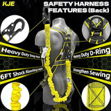 Full Body Safety Harness Fall Protection Kit with 6 ft Shock Absorbing Lanyard & Hook, ANSI/OSHA | KJE