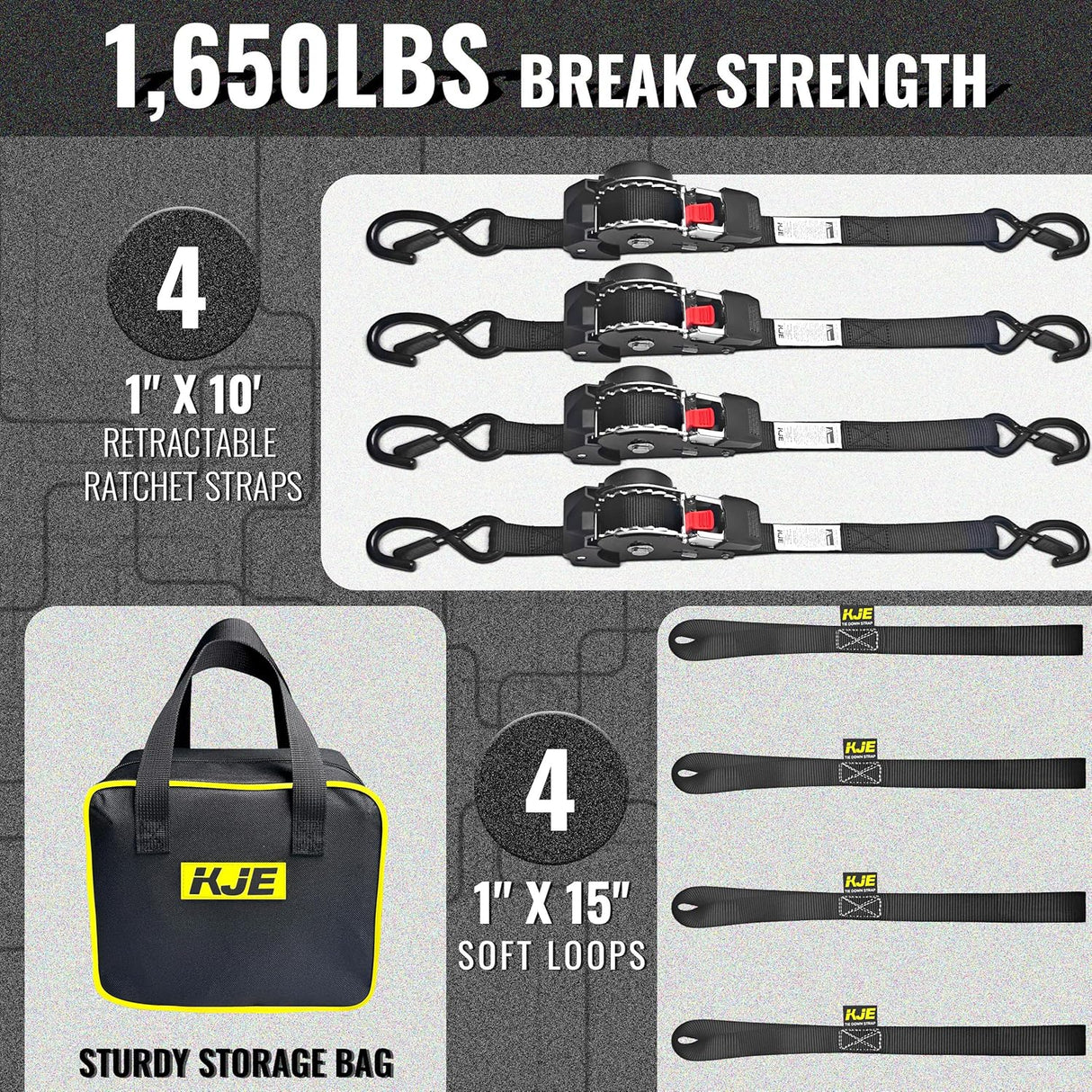 4 Pack 1" x 10' Retractable Ratchet Tie Down Straps with Soft Loops & S-Hooks, 1,650 lb Break Strength | KJE