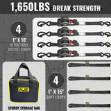 4 Pack 1" x 10' Retractable Ratchet Tie Down Straps with Soft Loops & S-Hooks, 1,650 lb Break Strength | KJE