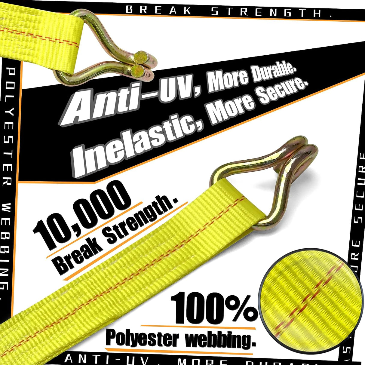 4 Pack 2" x 15' Ratchet Tie Down Straps with J-Hook Ends, 10,000 lb Break Strength | KJE