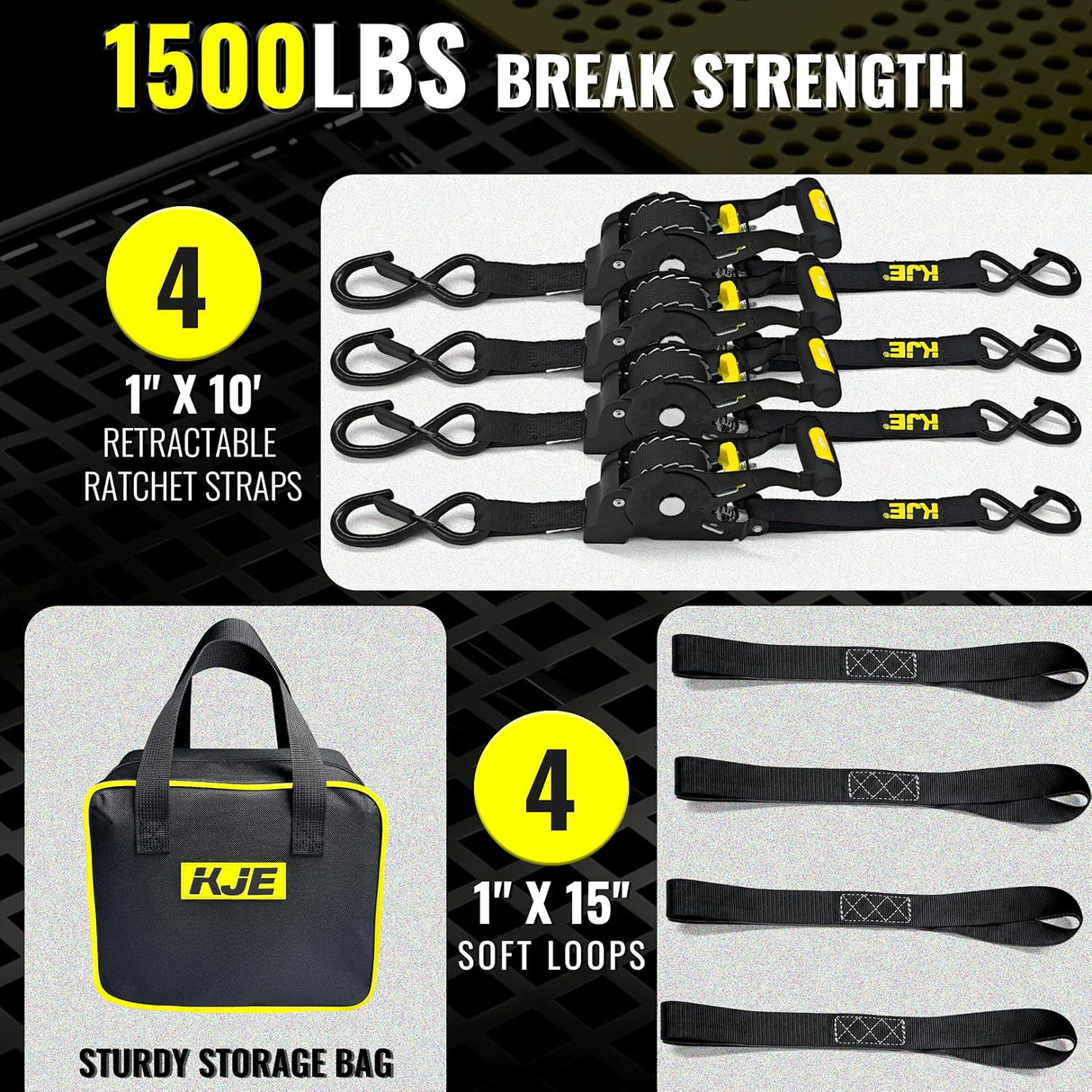 4 Pack 1" x 10' Automatic Retractable Ratchet Tie Down Straps with Soft Loops & S-Hooks, 1,500 lb Break Strength | KJE