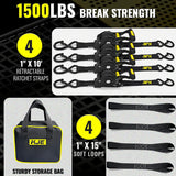 4 Pack 1" x 10' Automatic Retractable Ratchet Tie Down Straps with Soft Loops & S-Hooks, 1,500 lb Break Strength | KJE