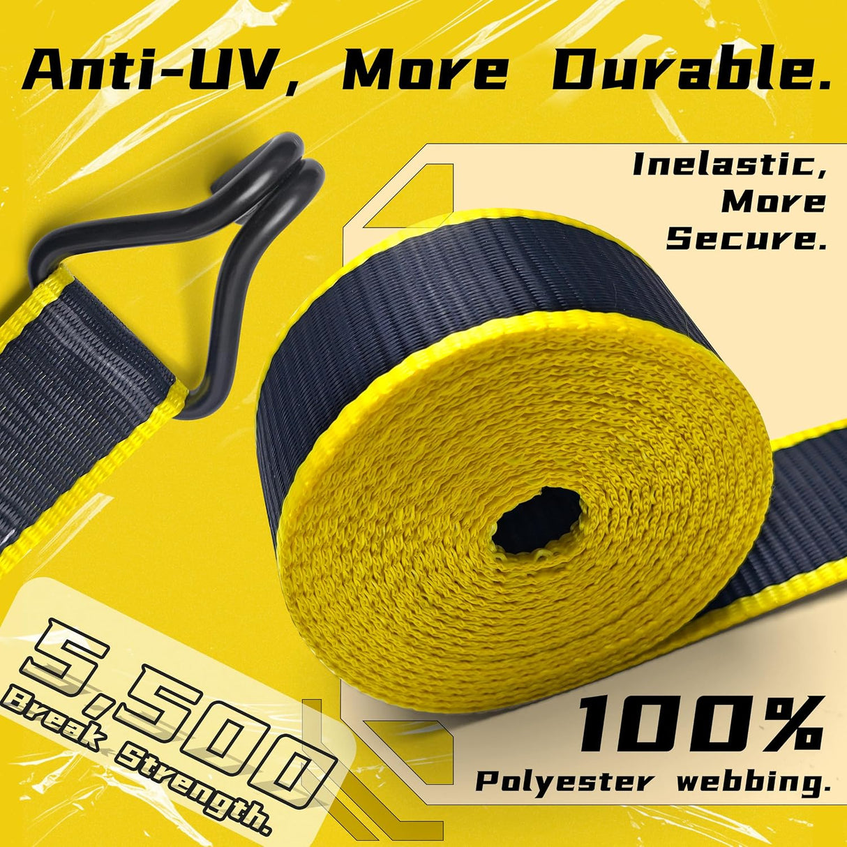 6 Pack 2" x 15' Black Ratchet Tie Down Straps with J-Hook Ends, 5,500 lb Break Strength | KJE