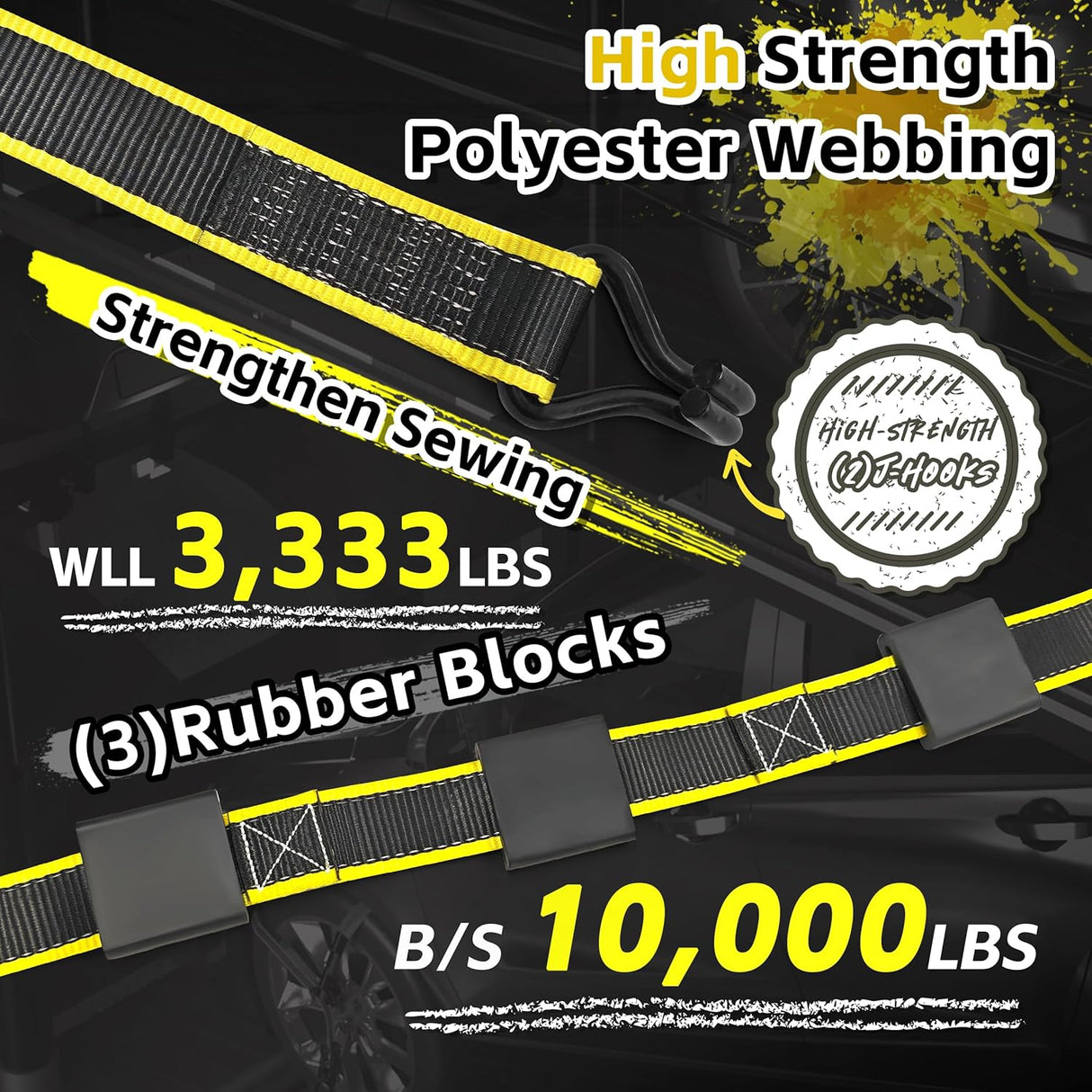 4 Pack 2" x 10' Reflective Wheel Tie Down Straps with 3 J-Hooks & Rubber Blocks, 10,000 lb Break Strength | KJE