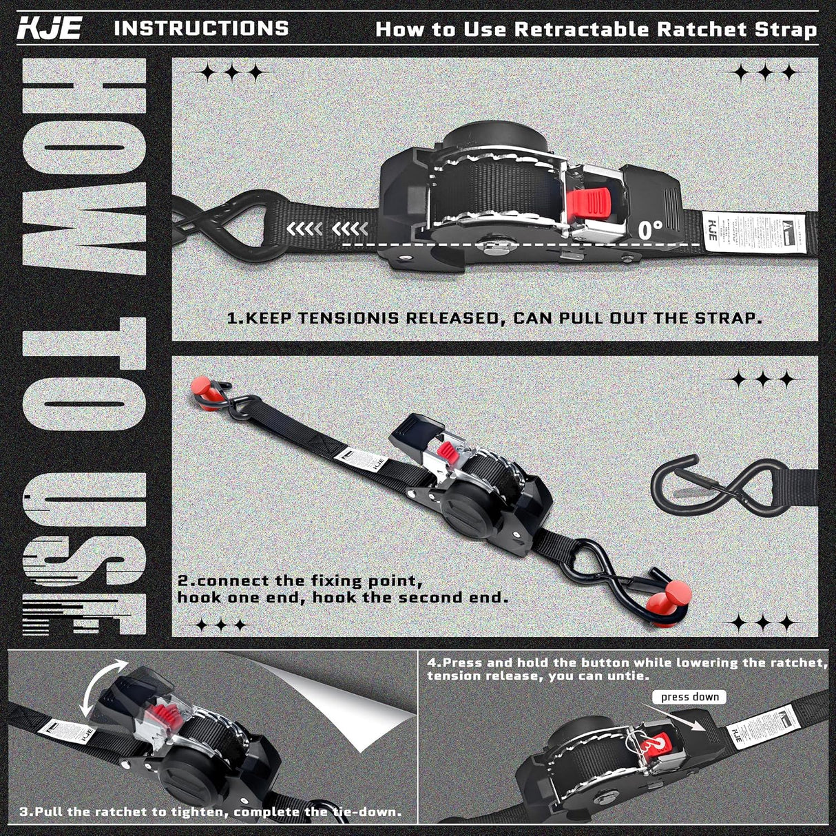 4 Pack 1" x 10' Retractable Ratchet Tie Down Straps with Soft Loops & S-Hooks, 1,650 lb Break Strength | KJE