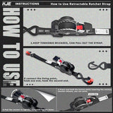 4 Pack 1" x 10' Retractable Ratchet Tie Down Straps with Soft Loops & S-Hooks, 1,650 lb Break Strength | KJE