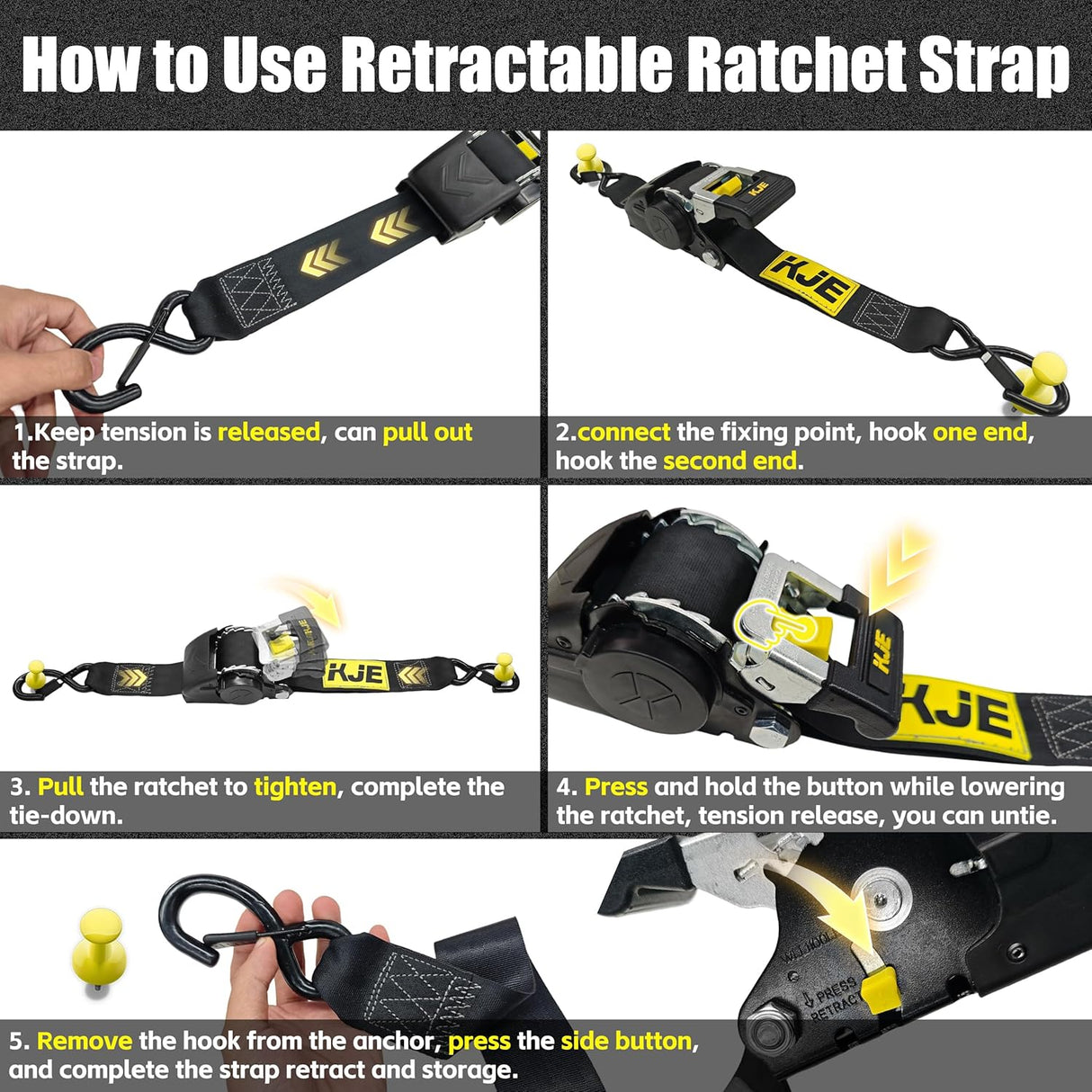 2 Pack 2" x 10' Automatic Retractable Ratchet Tie Down Straps with Soft Loops & S-Hooks, 3,300 lb Break Strength | KJE