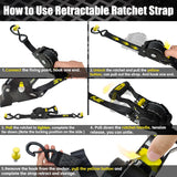 4 Pack 1" x 10' Automatic Retractable Ratchet Tie Down Straps with Soft Loops & S-Hooks, 1,500 lb Break Strength | KJE