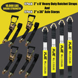 4 Pack 2" x 8' Car Trailer Tie Down Kit, 36" Axle Straps with J-Hooks, 10,000 lb Break Strength | KJE