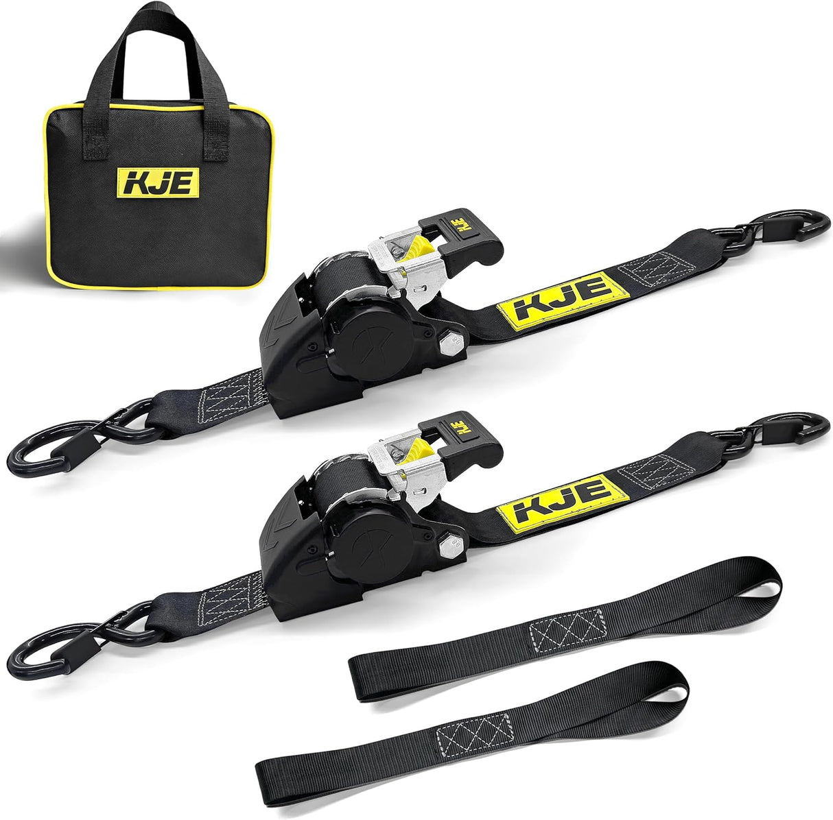 2 Pack 2" x 10' Automatic Retractable Ratchet Tie Down Straps with Soft Loops & S-Hooks, 3,300 lb Break Strength | KJE