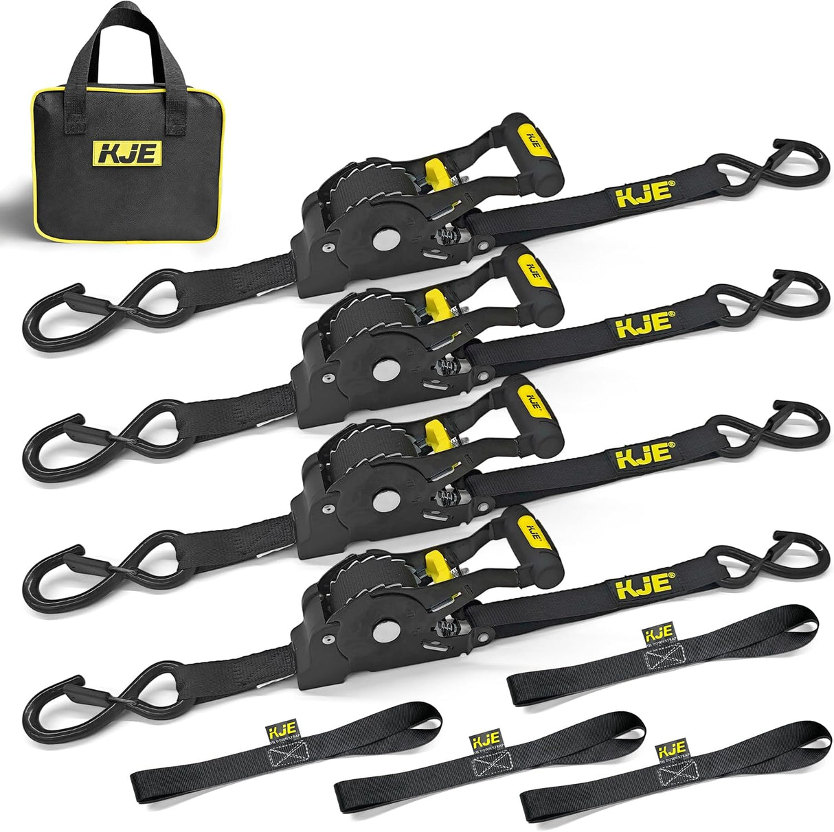 4 Pack 1" x 10' Automatic Retractable Ratchet Tie Down Straps with Soft Loops & S-Hooks, 1,500 lb Break Strength | KJE