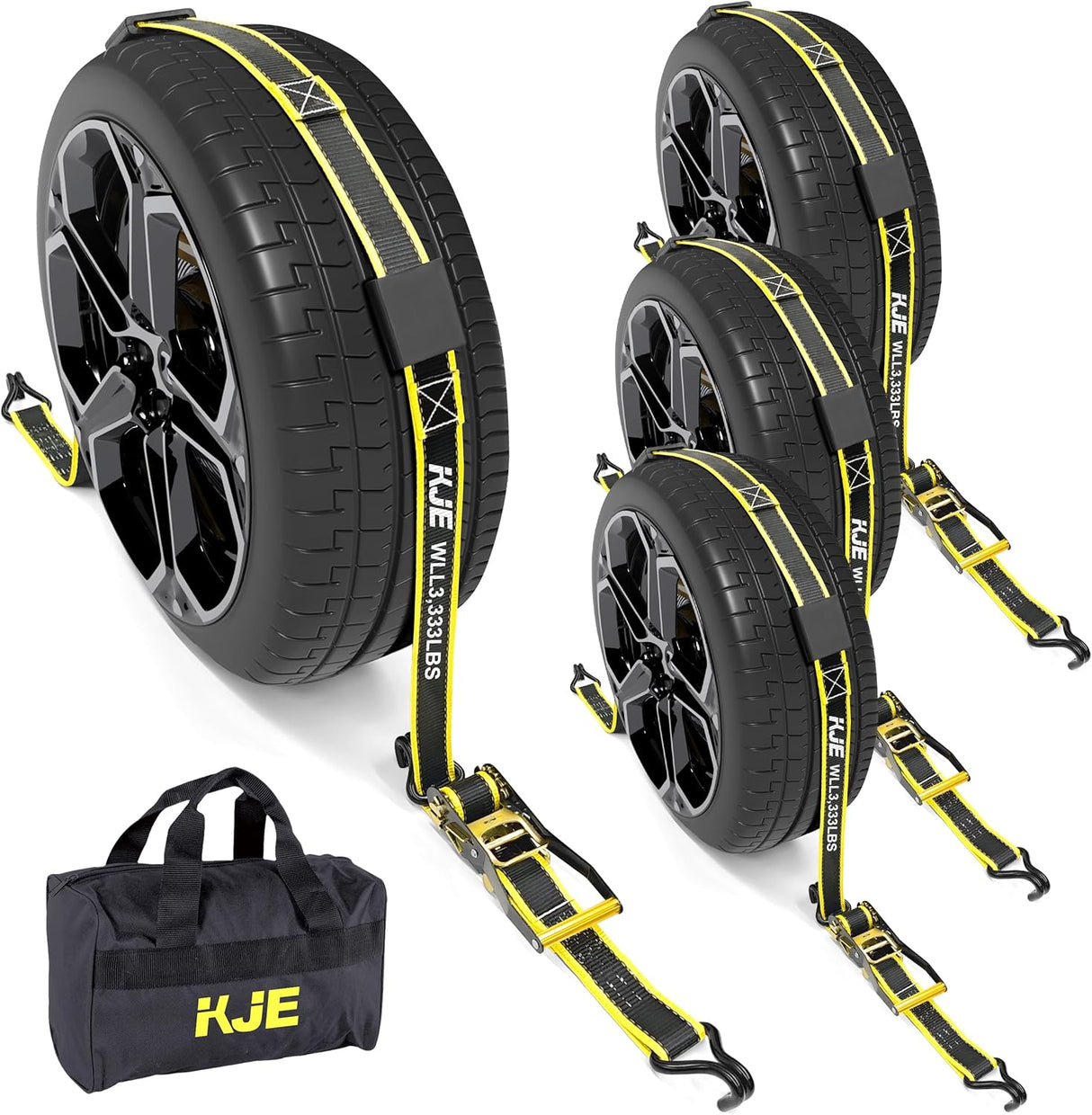 4 Pack 2" x 10' Reflective Wheel Tie Down Straps with 3 J-Hooks & Rubber Blocks, 10,000 lb Break Strength | KJE