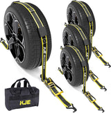 4 Pack 2" x 10' Reflective Wheel Tie Down Straps with 3 J-Hooks & Rubber Blocks, 10,000 lb Break Strength | KJE