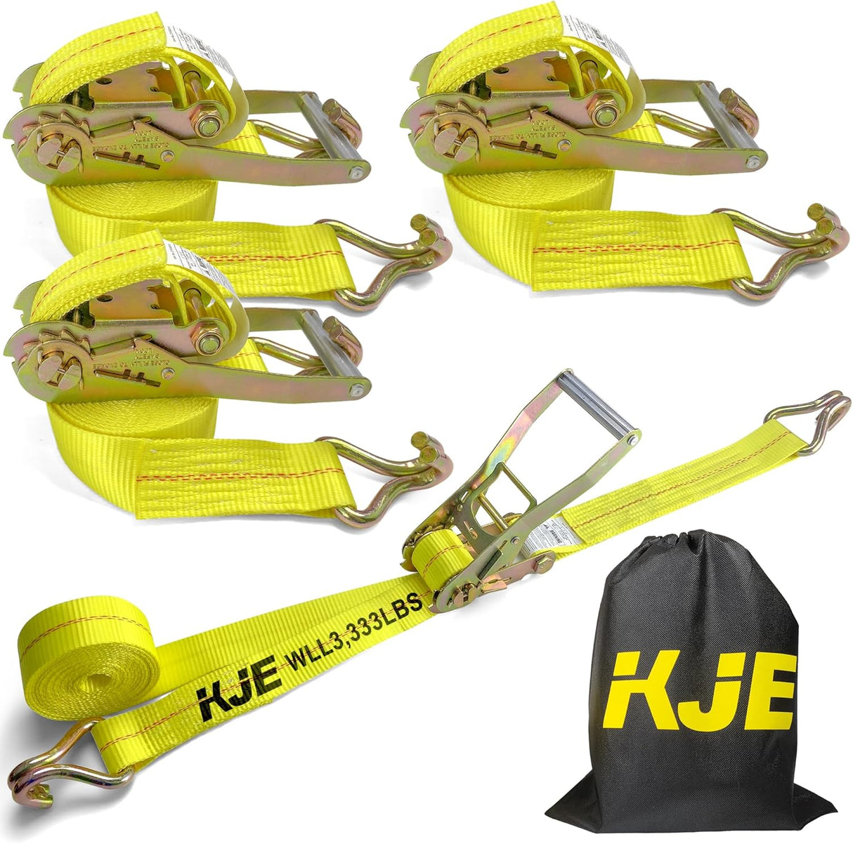 4 Pack 2" x 15' Ratchet Tie Down Straps with J-Hook Ends, 10,000 lb Break Strength | KJE