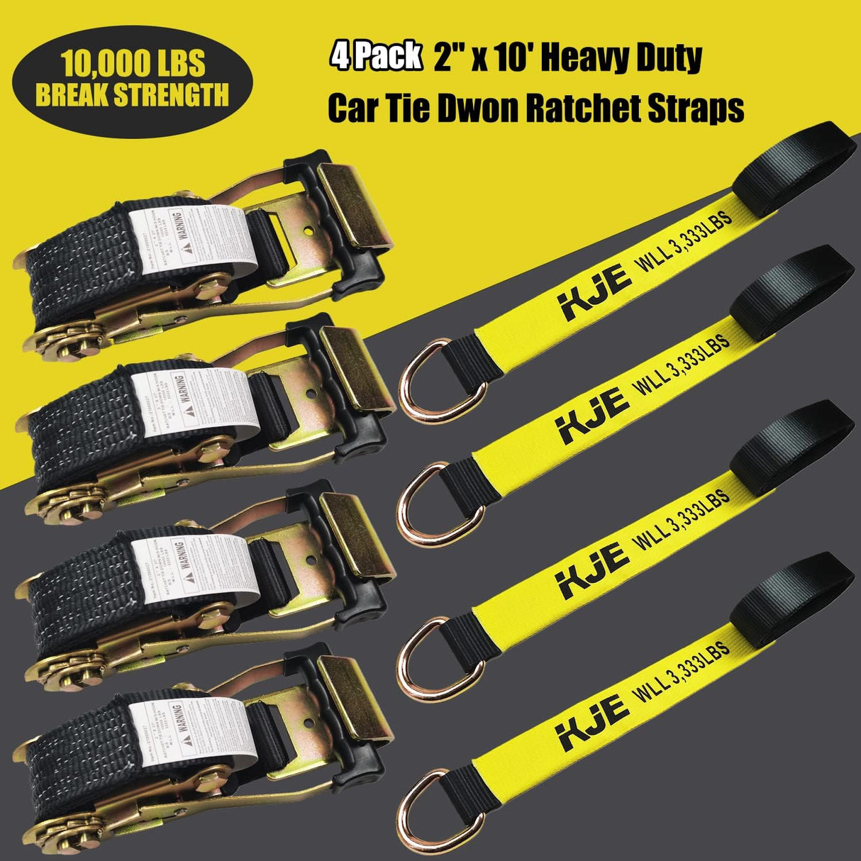 4 Pack 2" x 10' Car Trailer Tie Down Straps, Lasso Wheel Straps with Flat Hooks, 10,000 lb Break Strength | KJE