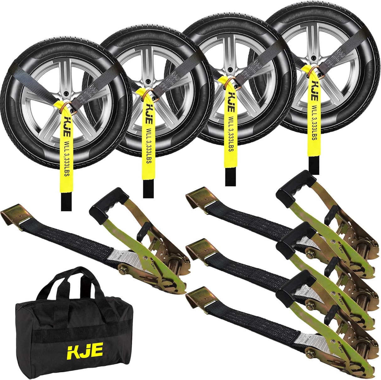 4 Pack 2" x 10' Car Trailer Tie Down Straps, Lasso Wheel Straps with Flat Hooks, 10,000 lb Break Strength | KJE