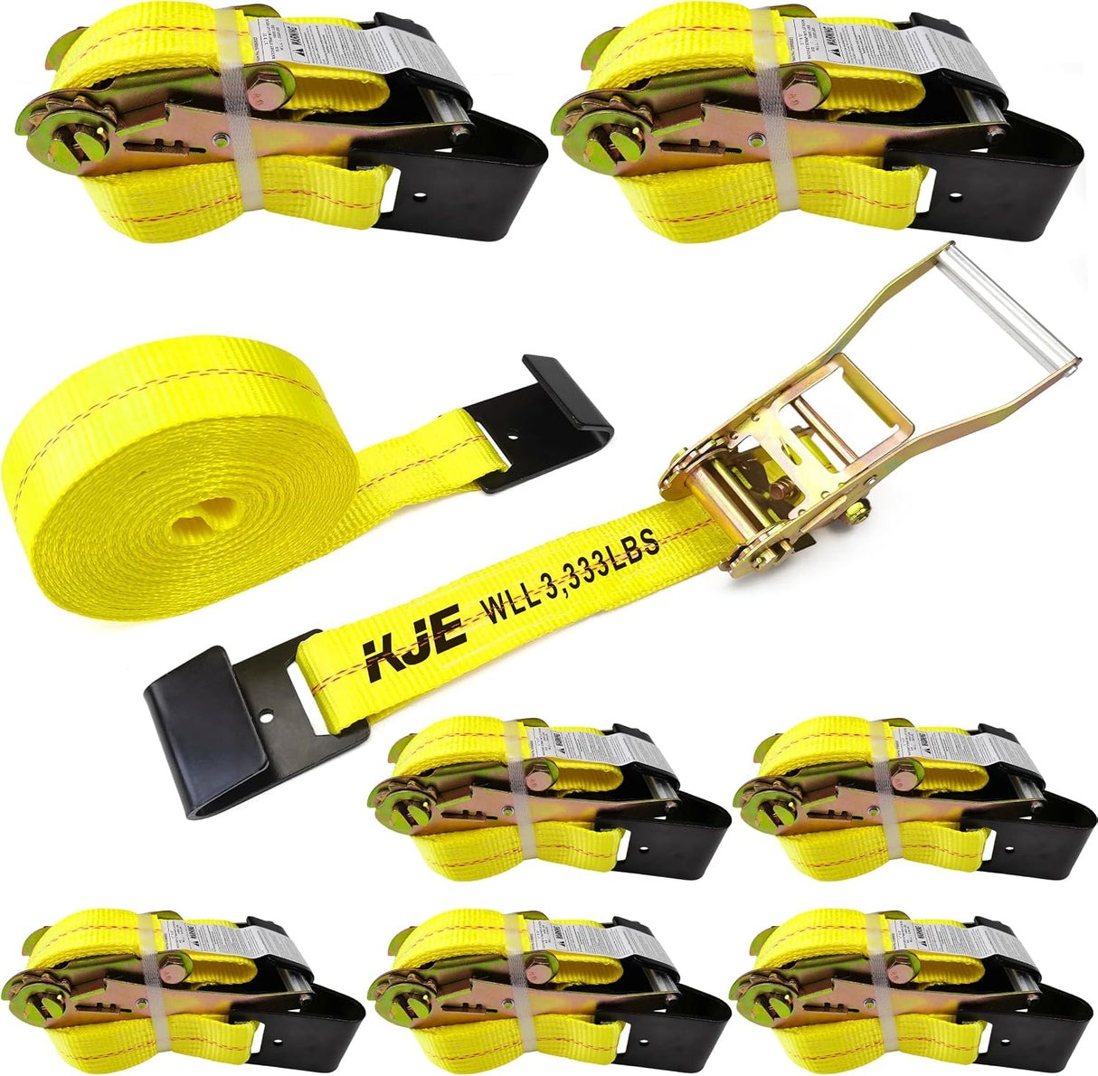 8 Pack 2" x 27' Ratchet Tie Down Straps with Flat Hook Ends, 10,000 lb Break Strength | KJE