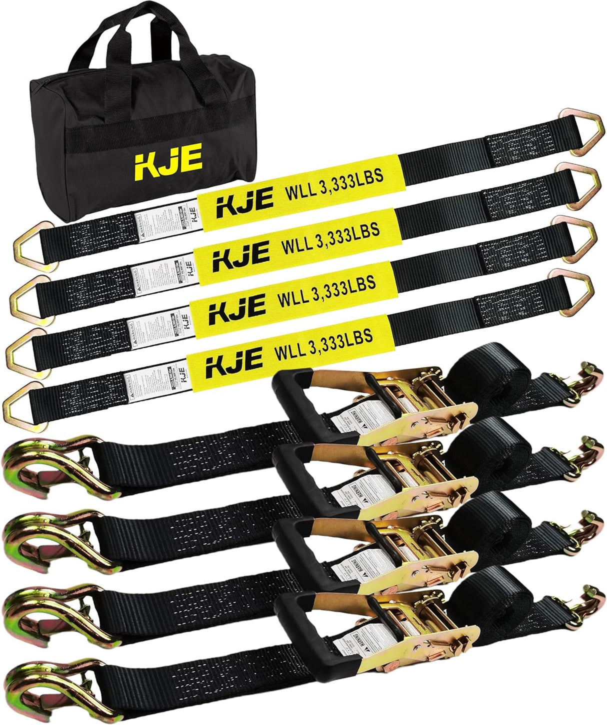 4 Pack 2" x 8' Car Trailer Tie Down Kit, 36" Axle Straps with J-Hooks, 10,000 lb Break Strength | KJE