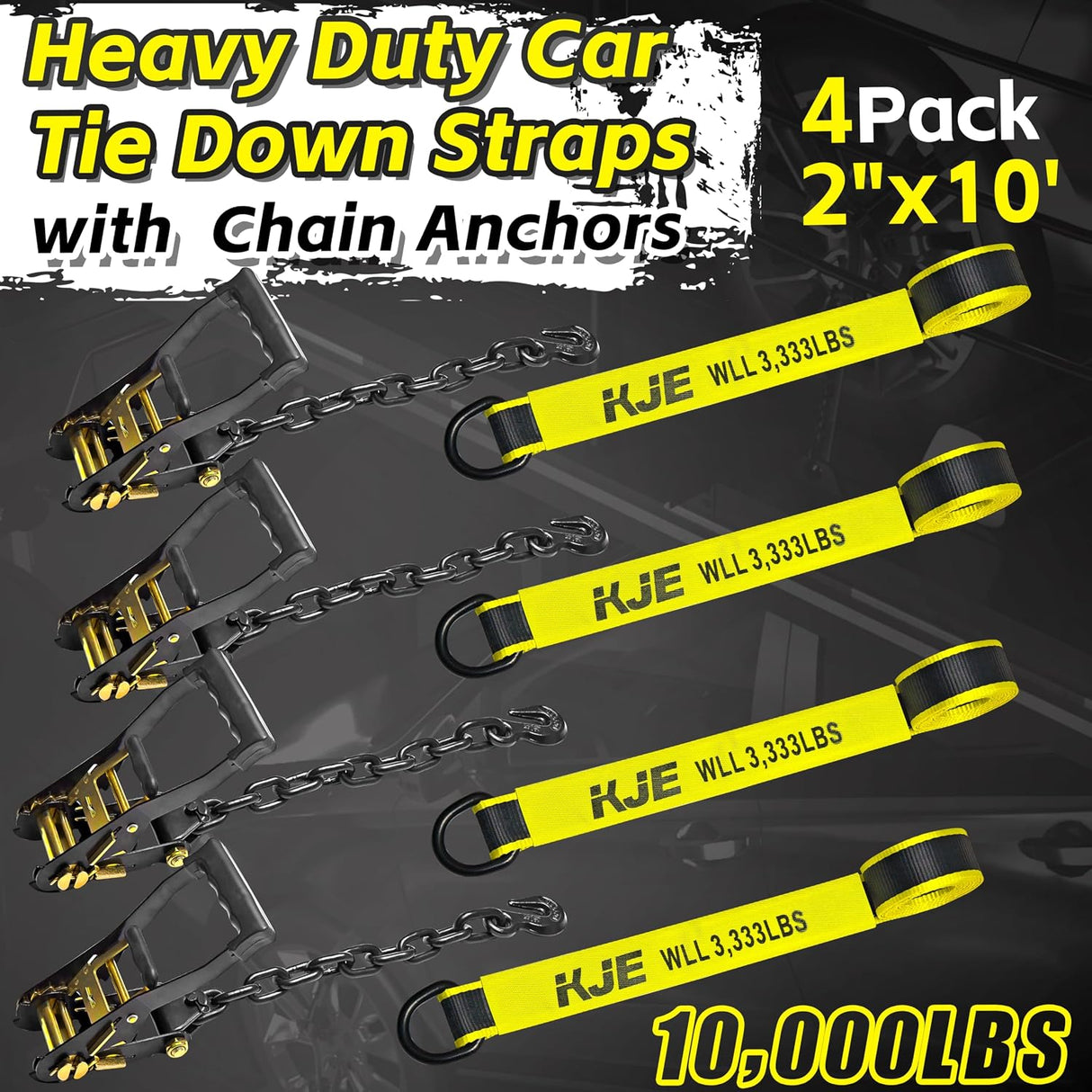 4 Pack 2" x 10' Reflective Wheel Tie Down Straps, Lasso Wheel Straps with Anchor Chain Ends, 10,000 lb Break Strength | KJE