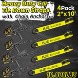 4 Pack 2" x 10' Reflective Wheel Tie Down Straps, Lasso Wheel Straps with Anchor Chain Ends, 10,000 lb Break Strength | KJE